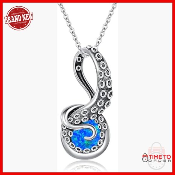 Sterling Silver Octopus Tentacle Pendant Necklace with Opal Gemstone